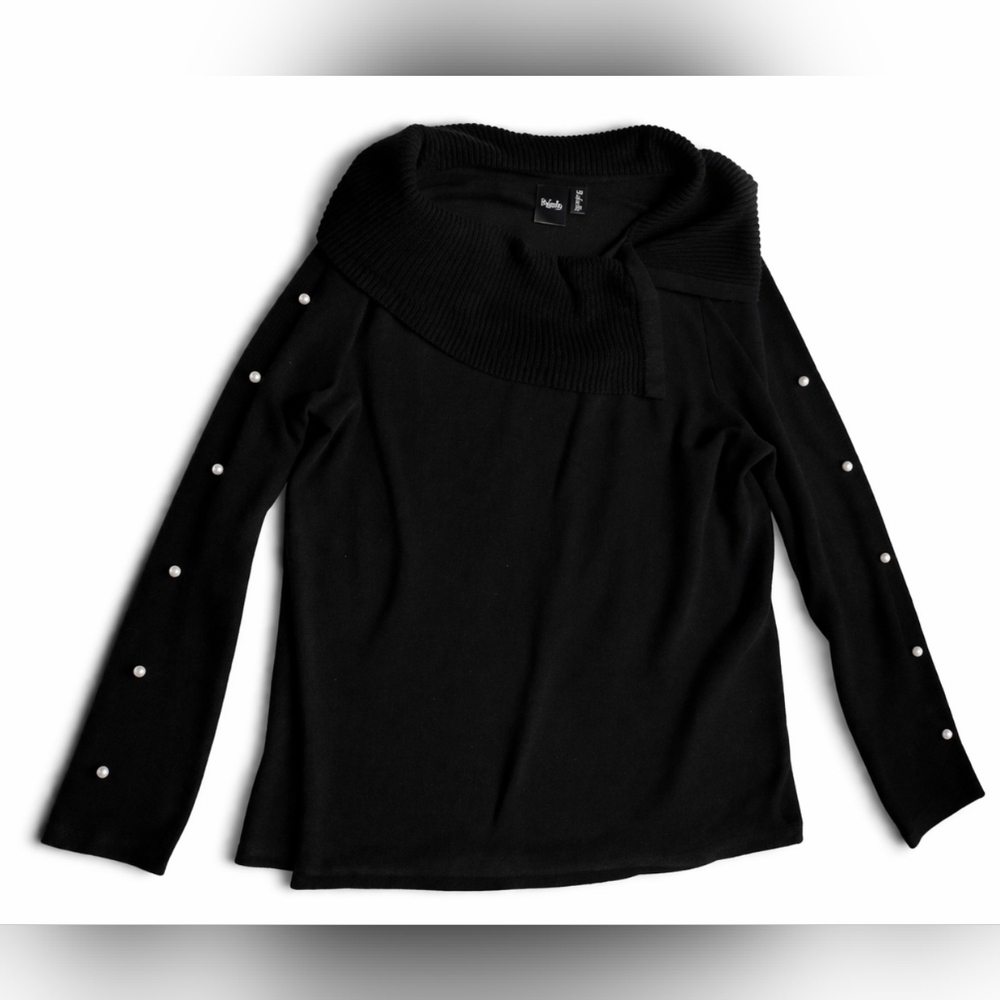 Rafaella Black Cowl Neck Sweater with Sleeve Pearl Accents Women's Size Large